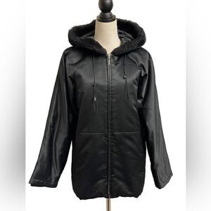 Jones New York Black Full Zip Winter Coat with Faux Fur Lined Hood (Small)